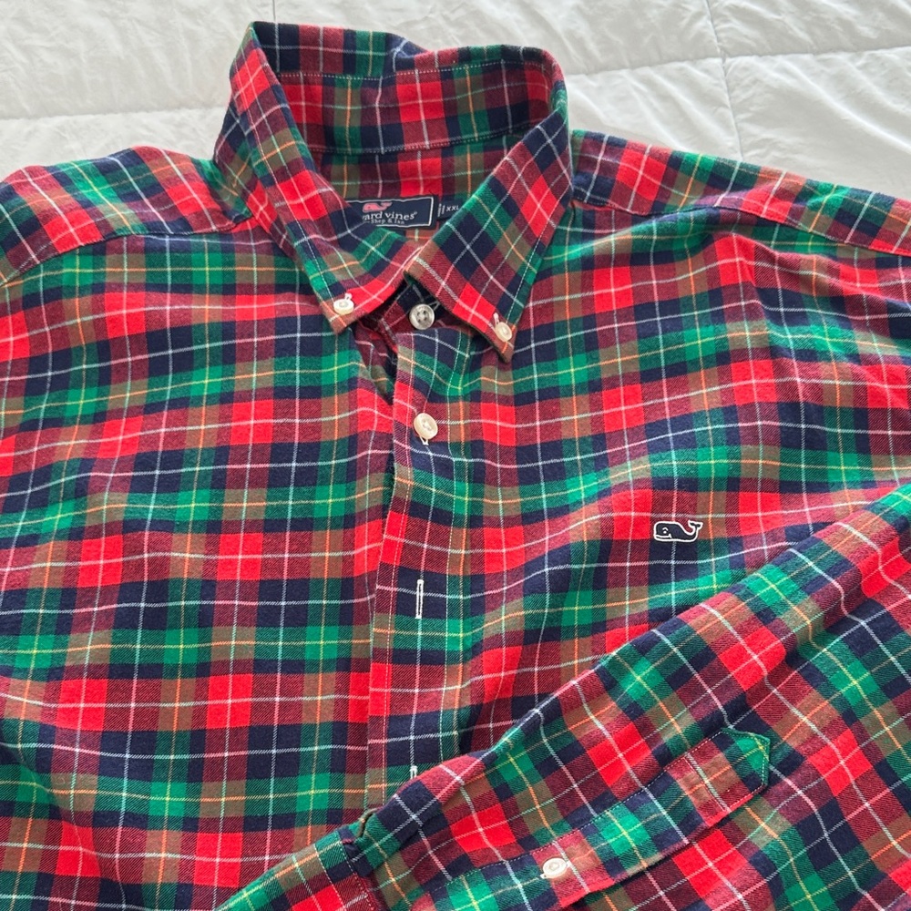 Vineyard Vines Men's Red and Green Plaid Shirt